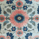 A close-up view of the Botanical Rhapsody Dream Hand Tufted Area Rug, showcasing its vibrant floral design. The rug features intricate patterns with large pink flowers, blue accents, and detailed leaves, making it a perfect wool rug for living rooms.