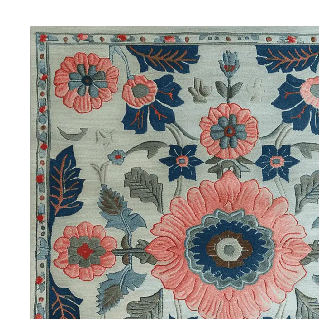 Top view of a beautifully designed hand-tufted area rug featuring a vibrant floral pattern in pink and blue hues. Perfect for adding a touch of elegance to any living room, this wool rug showcases intricate botanical details that make it a standout piece among floral rugs.