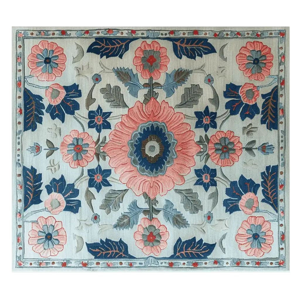 A beautifully crafted hand-tufted area rug featuring a vibrant floral pattern in shades of pink, blue, and grey. Perfect for adding a touch of elegance to any living room, this wool rug showcases intricate designs that highlight the beauty of nature.