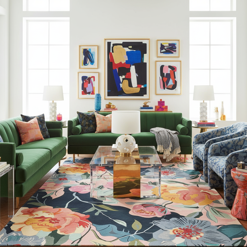 Modern living room with green sofas, colorful floral rug, and abstract art on the wall.