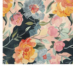 A vibrant and colorful hand-tufted wool area rug featuring an abstract floral design with blooming flowers in shades of pink, orange, blue, and yellow against a soft background. The Botanical Symphony rug adds a touch of elegance and charm to any room with its artistic patterns and rich textures.