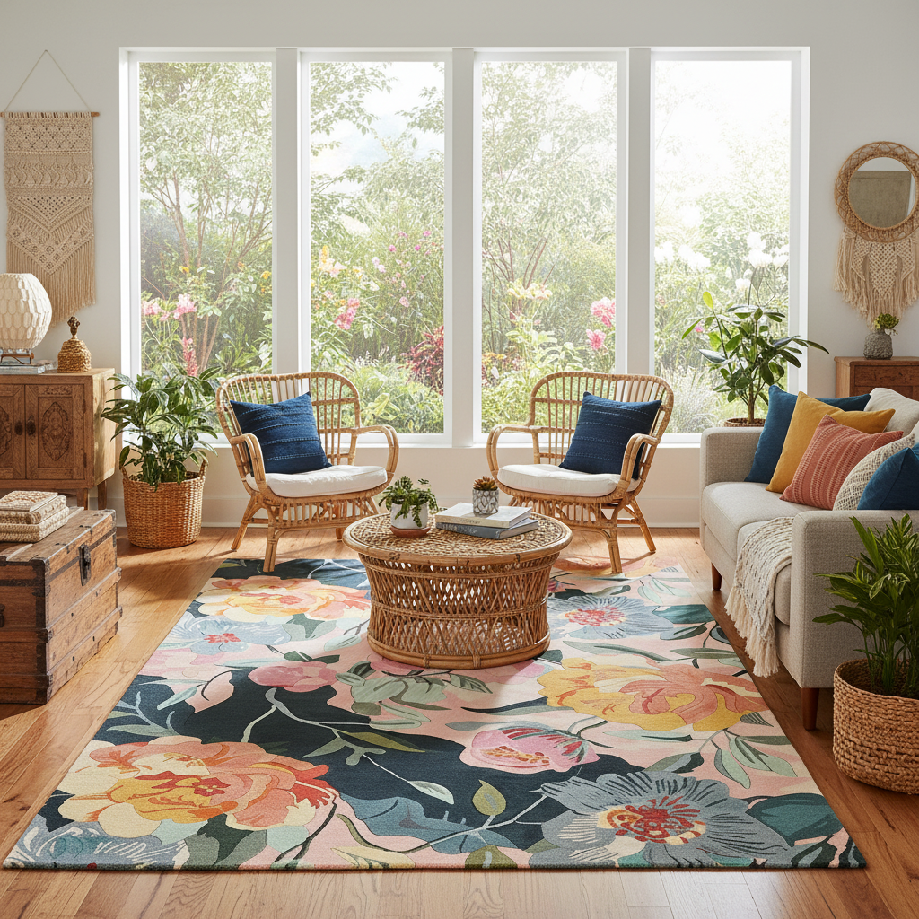 boho living room withe floral rug