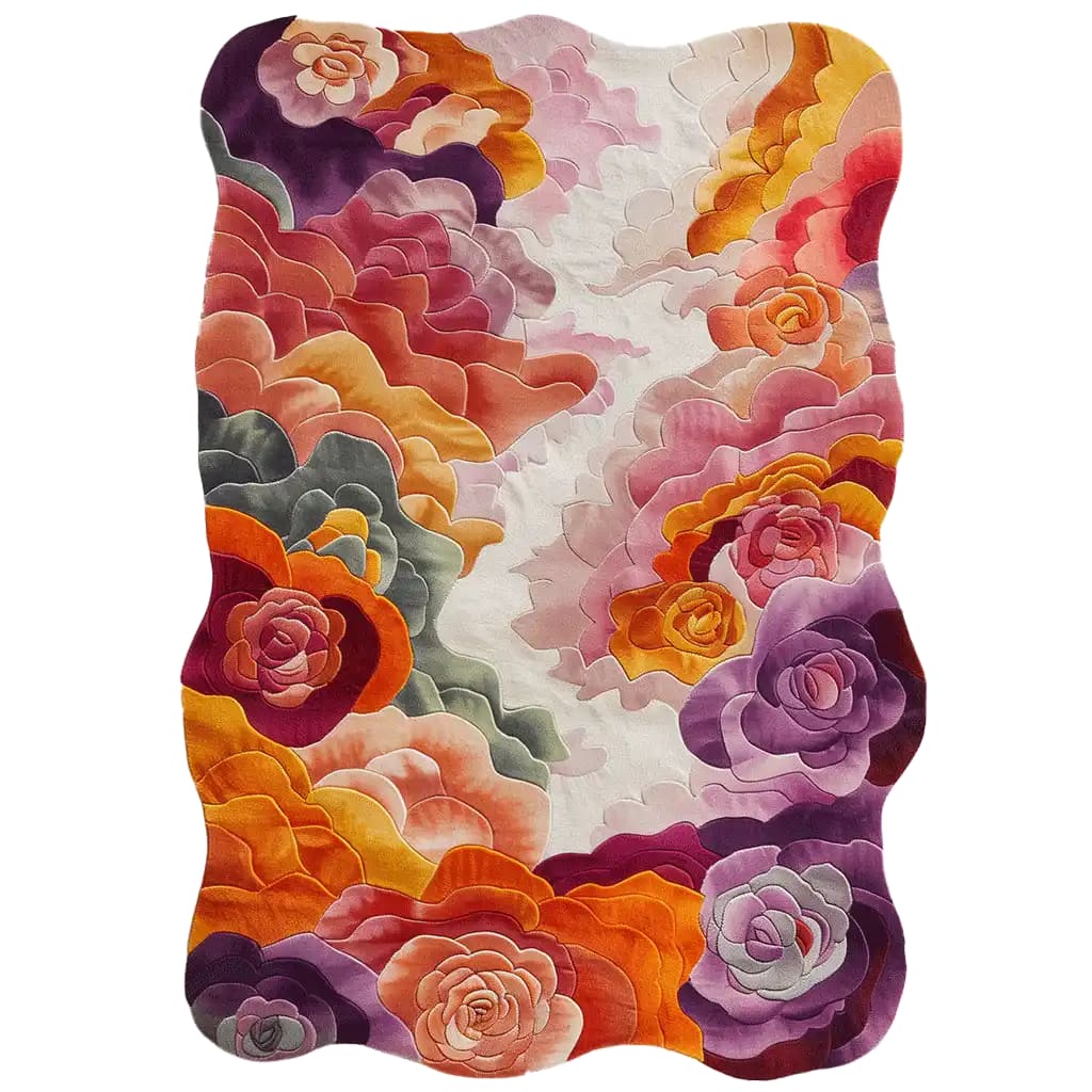 Vibrant Bouquet Nouveau Hand Tufted Area Rug featuring an abstract floral design with rich colors like purple, orange, and pink, creating a warm and inviting atmosphere.