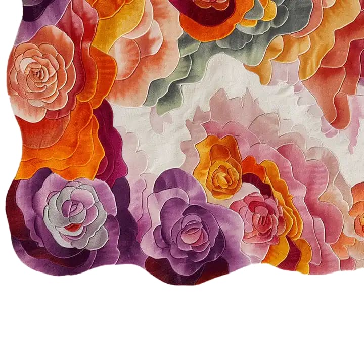 Vibrant and colorful hand-tufted area rug featuring an abstract floral pattern in shades of purple, orange, pink, and green, capturing a modern and artistic design.