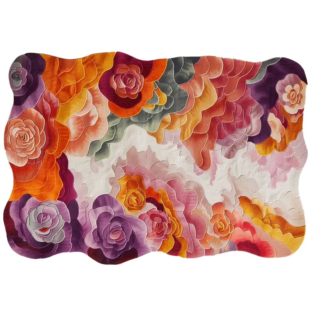Vibrant Bouquet Nouveau hand-tufted area rug featuring an abstract floral design with rich, multi-colored petals in hues of orange, pink, purple, and green. The rug's artistic pattern creates a lively and elegant focal point for any room.