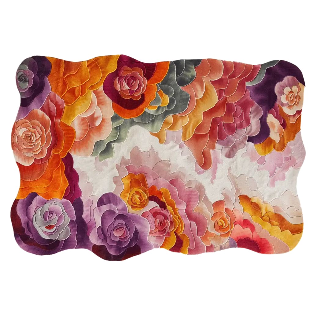 Vibrant hand-tufted wool area rug featuring an abstract floral design in rich hues of orange, purple, pink, and green. The Bouquet Nouveau rug showcases a modern artistic pattern that adds elegance and color to any room.