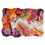 Vibrant hand-tufted wool area rug featuring an abstract floral design in rich hues of orange, purple, pink, and green. The Bouquet Nouveau rug showcases a modern artistic pattern that adds elegance and color to any room.