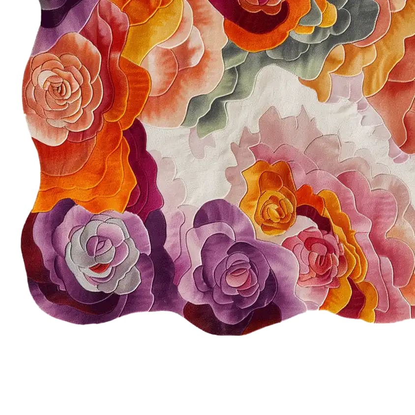 A vibrant, hand-tufted wool area rug featuring an abstract floral design with layers of colorful petals in shades of purple, orange, and pink. The intricate pattern creates a striking visual effect, making this area rug a bold centerpiece for any room.