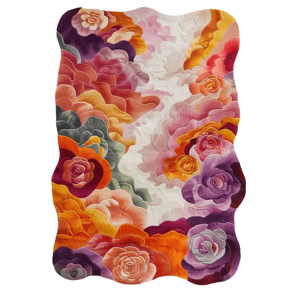 Vibrant Bouquet Nouveau hand-tufted wool area rug featuring an abstract floral design with rich hues of purple, orange, and pink. The intricate pattern creates a warm and inviting atmosphere, perfect for enhancing any living space.