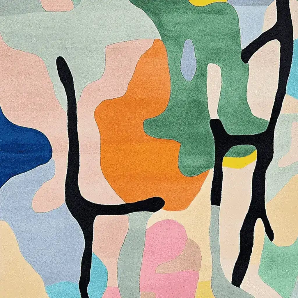 This vibrant area rug features an abstract design with a mix of bold colors including orange, green, blue, and pink. Perfect for adding a contemporary touch to your living room, this hand-tufted wool rug offers a unique pattern that stands out among living room area rugs and rugs for living room decor.