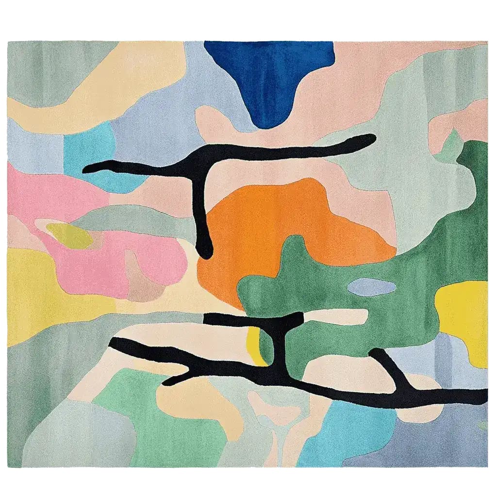 The Branching Color Field Hand Tufted Rug features an abstract design with vibrant colors like orange, pink, blue, and green. This contemporary area rug is perfect for adding a splash of color to your living room. Crafted from high-quality wool, it offers both comfort and style, ideal for those seeking modern rugs for living room decor.
