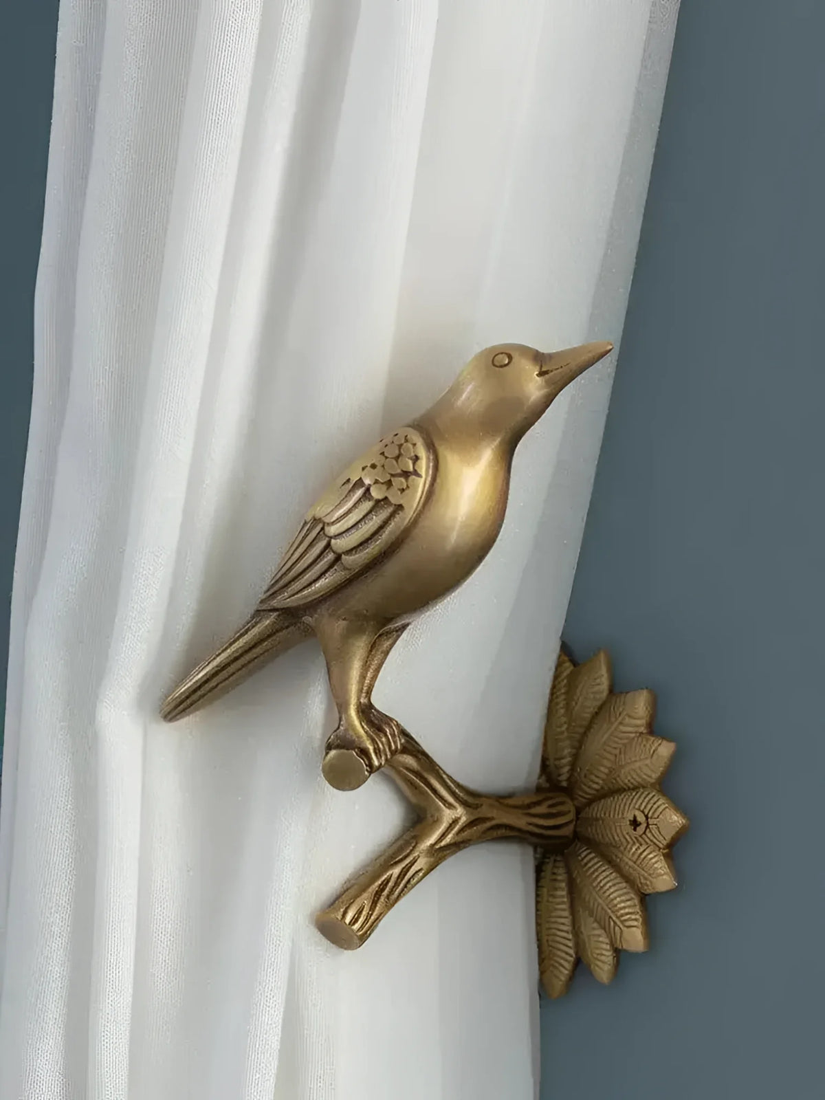 Brass Bird on Tree Branch Curtain Hook Left Side