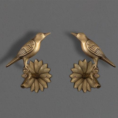 Brass Bird on Tree Branch Curtain Hook Pair