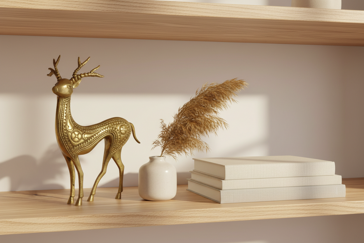 A decorative brass deer figurine stands on a light wood shelf beside a small white vase with dried pampas grass and a stack of white books against a warm beige wall.
