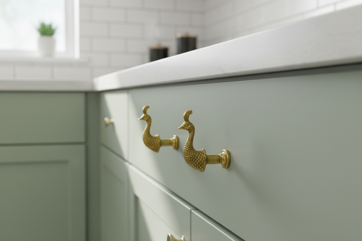 A close-up of sage green kitchen cabinets with ornate brass peacock drawer pulls, set against a white subway tile backsplash.