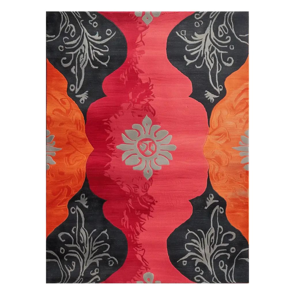 The Brazen Elegance Hand Tufted Wool Rug showcases a striking design with bold red, orange, and black abstract patterns. The intricate floral motifs and elegant swirls create a captivating focal point, perfect for adding a touch of sophistication to any room. This area rug is crafted from high-quality wool, ensuring durability and a soft texture underfoot.