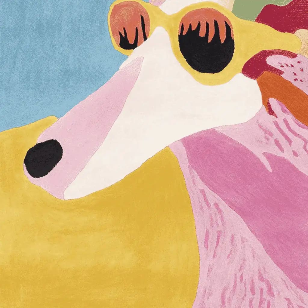 A vibrant, contemporary area rug featuring an abstract design with bold colors including pink, yellow, and blue. Perfect for adding a modern touch to living room area rugs, this wool rug combines artistic flair with comfort, ideal for area rugs for living room settings.