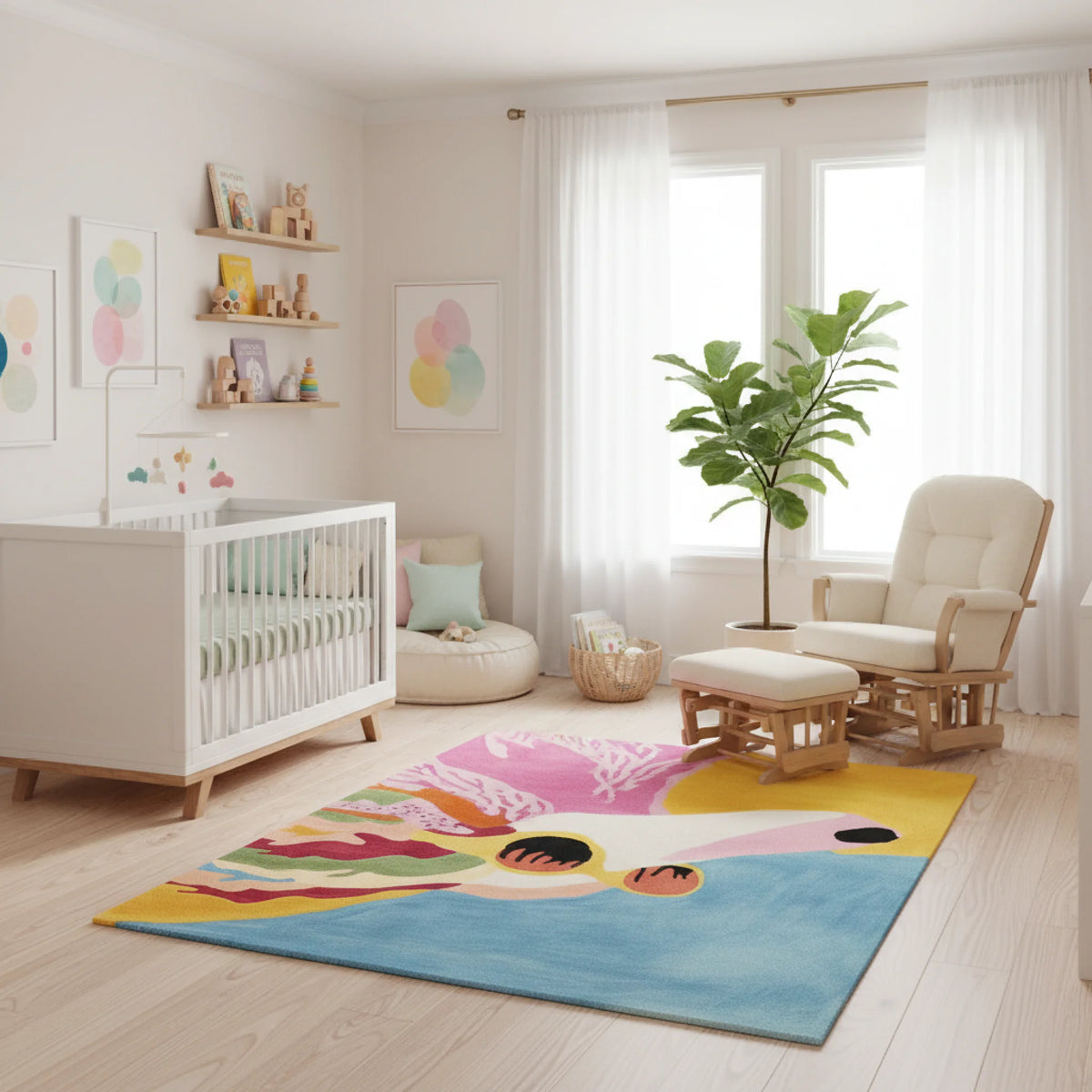 Nursery room with a crib, colorful rug, and decorative elements.