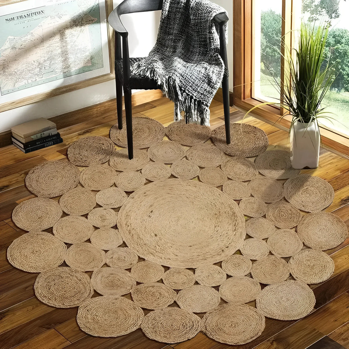 The Bria Natural Jute Round Area Rug beautifully enhances a living space with its intricate circular pattern. Ideal as a large area rug for the dining room or living room, this jute rug's natural texture adds warmth and style. Perfect under a dining table or as a statement piece, this round rug complements the hardwood flooring and modern decor.