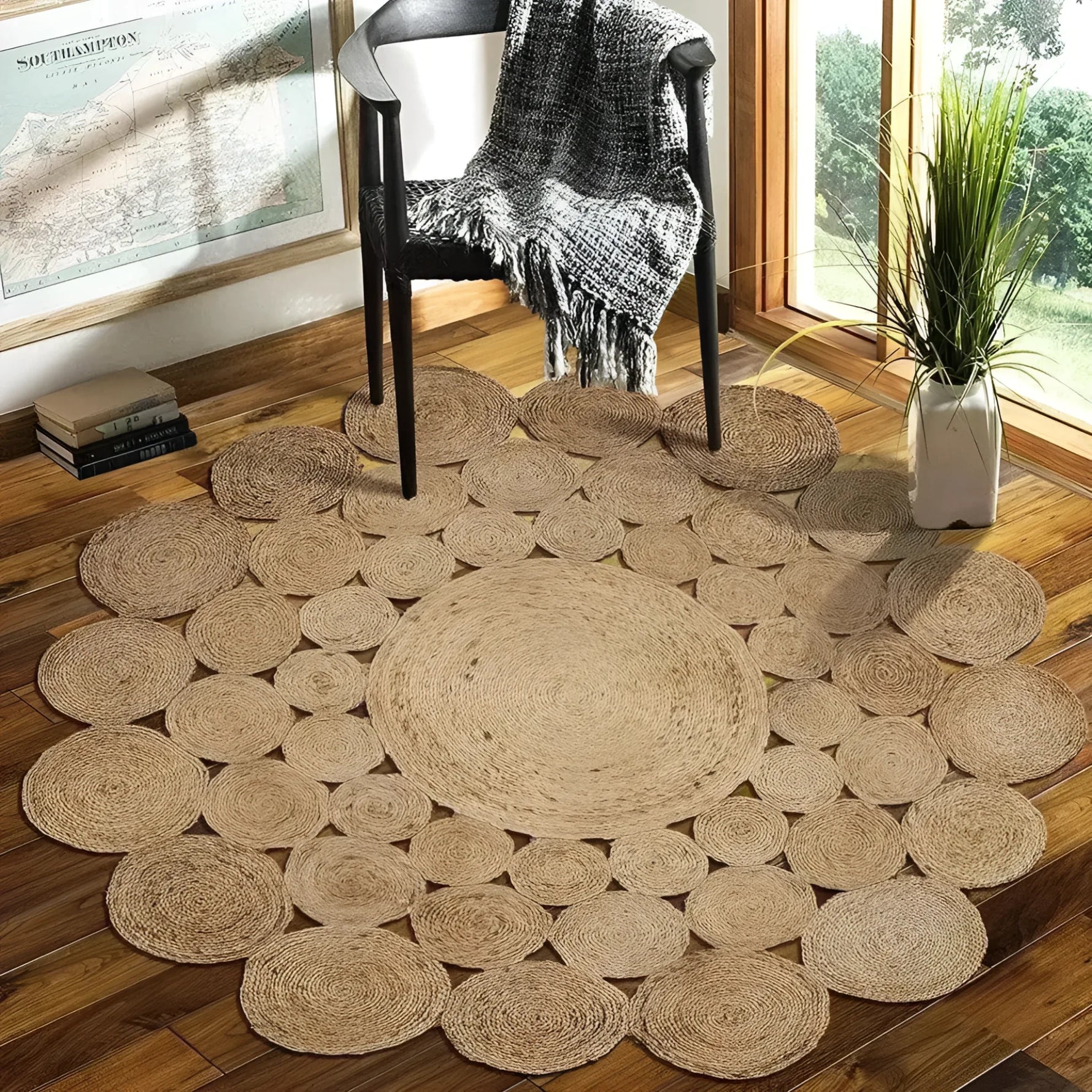 The Bria Natural Jute Round Area Rug beautifully enhances a living space with its intricate circular pattern. Ideal as a large area rug for the dining room or living room, this jute rug's natural texture adds warmth and style. Perfect under a dining table or as a statement piece, this round rug complements the hardwood flooring and modern decor.