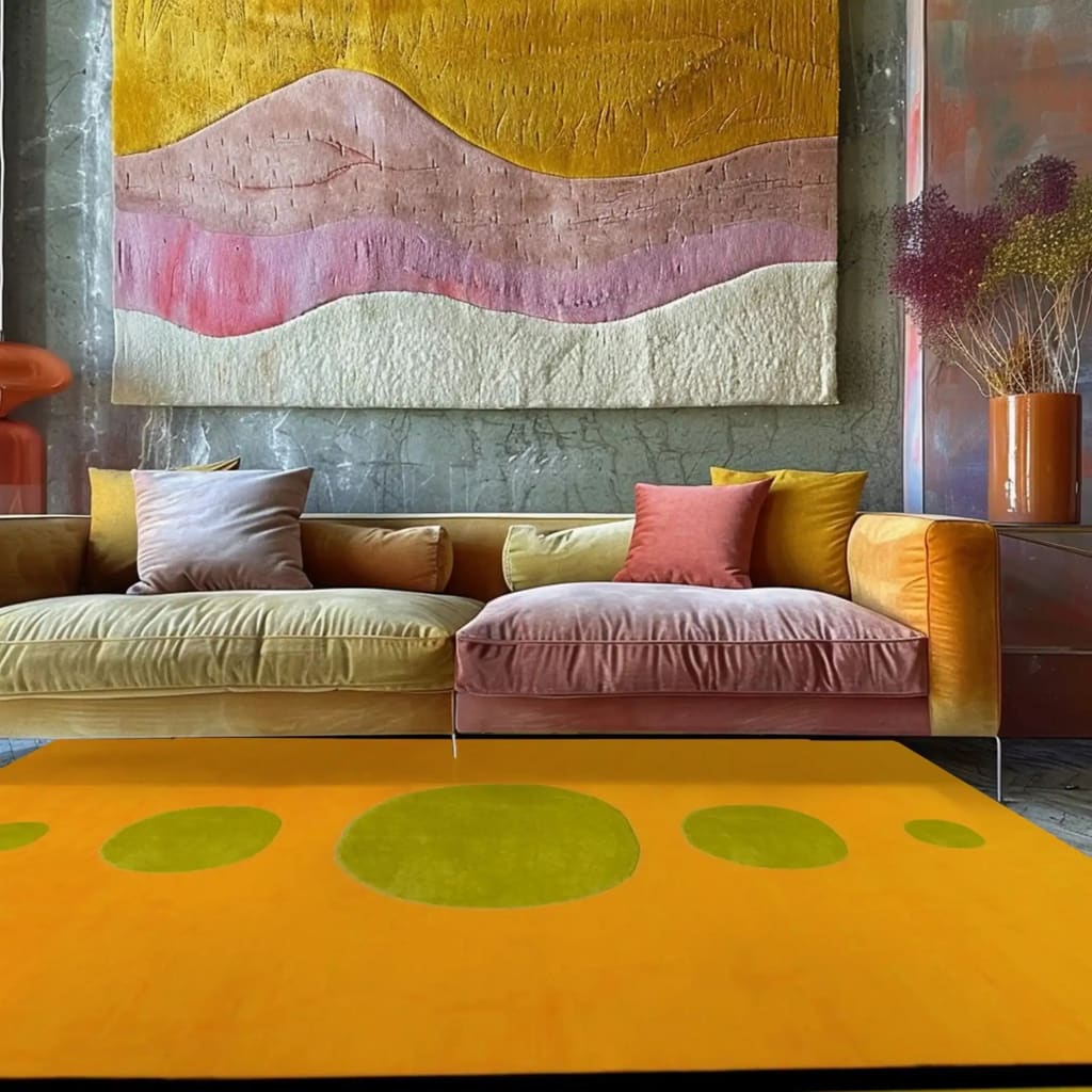 Bright Celestial Geometric Hand Tufted Wool Rug in a living room setting. The vibrant area rug features bold green circles on a warm orange background, complementing the modern yellow and pink sofa. Perfect for adding a pop of color to dining rooms or living rooms, this wool rug is an ideal choice for those seeking stylish area rugs for the living room or under a dining table.