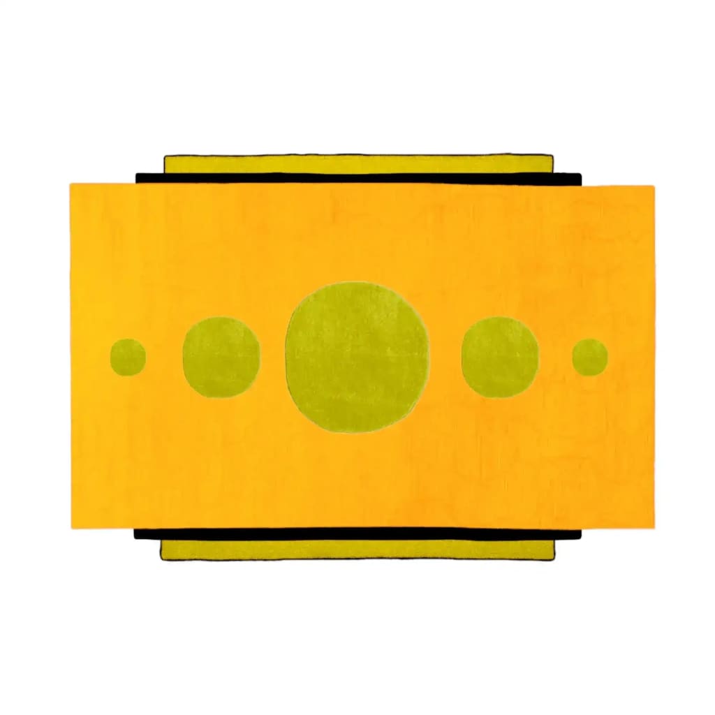 Bright Celestial Geometric Hand Tufted Wool Rug featuring bold yellow and green circles, ideal for area rugs in living room or dining room. This eye-catching wool rug adds a vibrant touch under a dining table or as a centerpiece in any space.