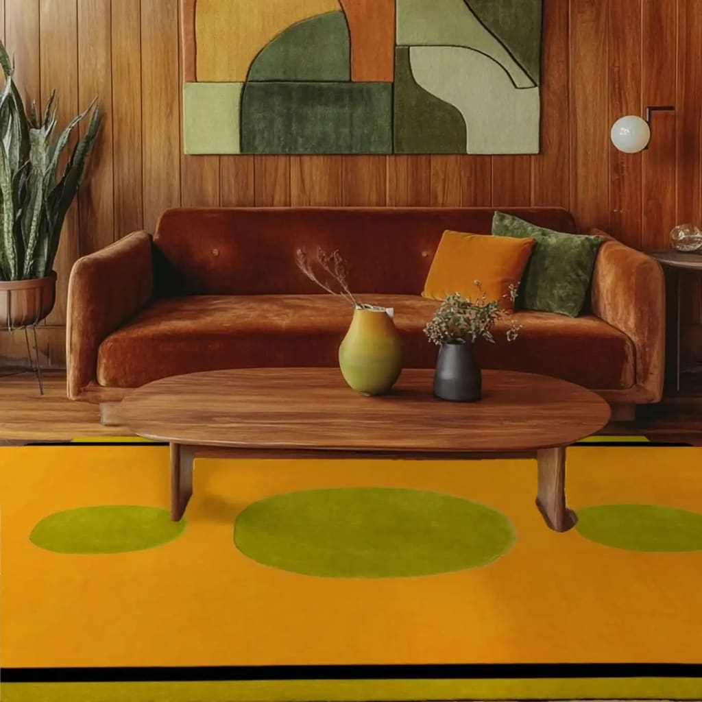 Cozy living room featuring a vibrant area rug with a bold geometric pattern. The hand-tufted wool rug in warm yellow and green hues adds a touch of elegance under a wooden coffee table, perfect for living room or dining room settings.
