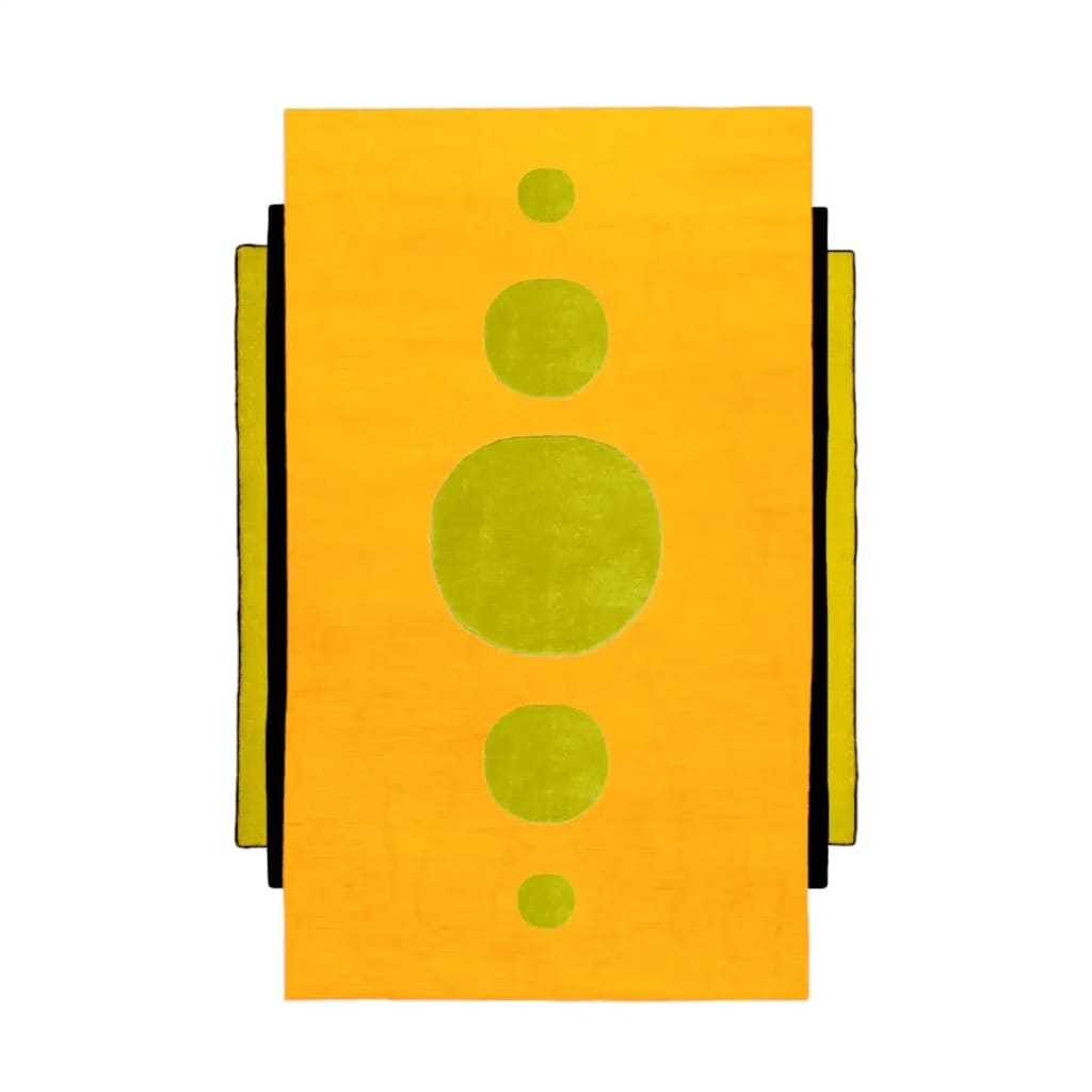 A vibrant hand-tufted wool area rug with a bold geometric design, featuring concentric circles in green against a bright yellow background. Perfect for adding a splash of color to your living room or dining room, this eye-catching rug is ideal as a dining table rug or in any area where an artistic touch is desired.