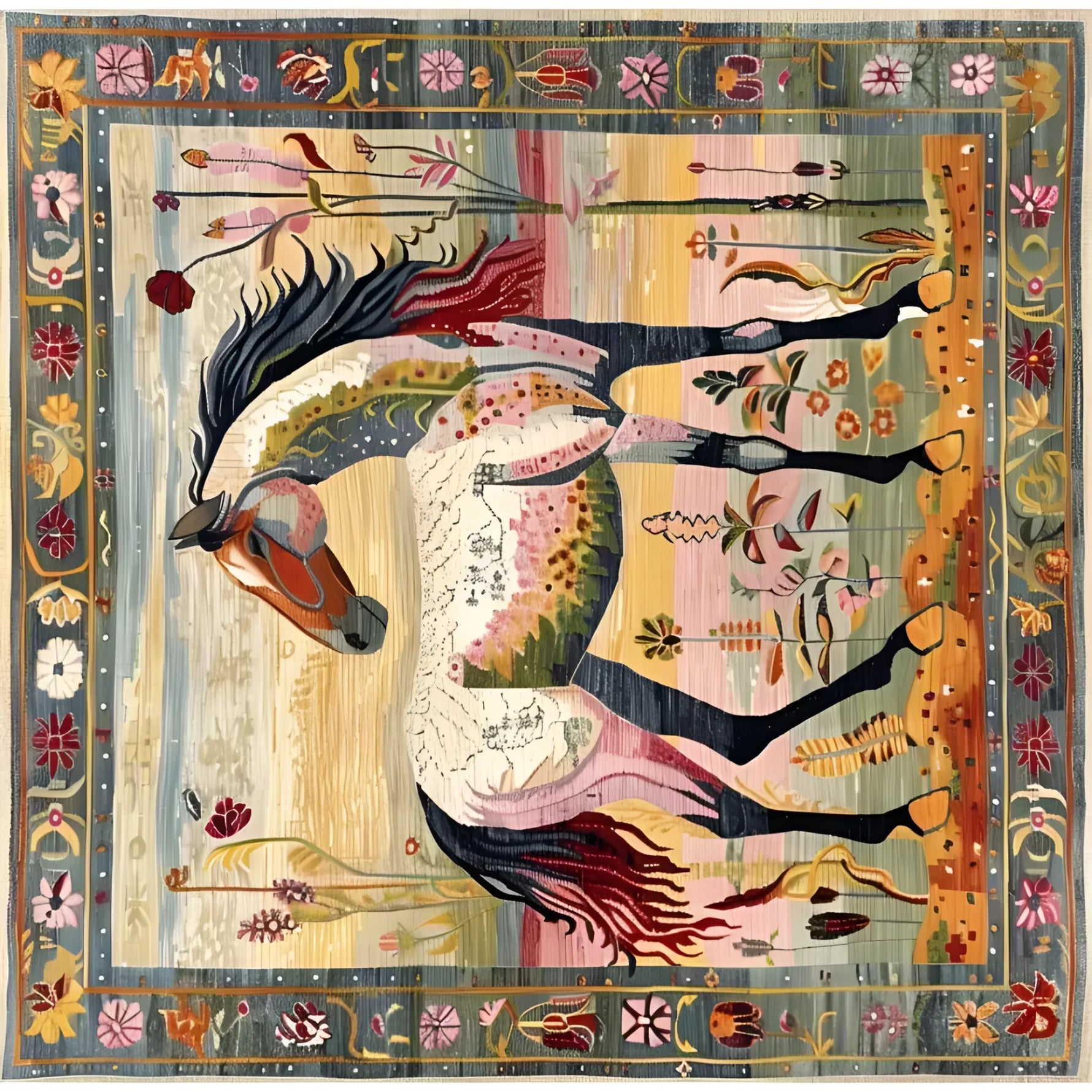 A vibrant hand-knotted area rug featuring an artistic depiction of a horse amidst abstract floral designs. This square Persian-inspired wool rug, ideal for large living rooms, showcases a blend of rich colors and intricate patterns, making it a perfect statement piece for those seeking unique rugs for their living room.