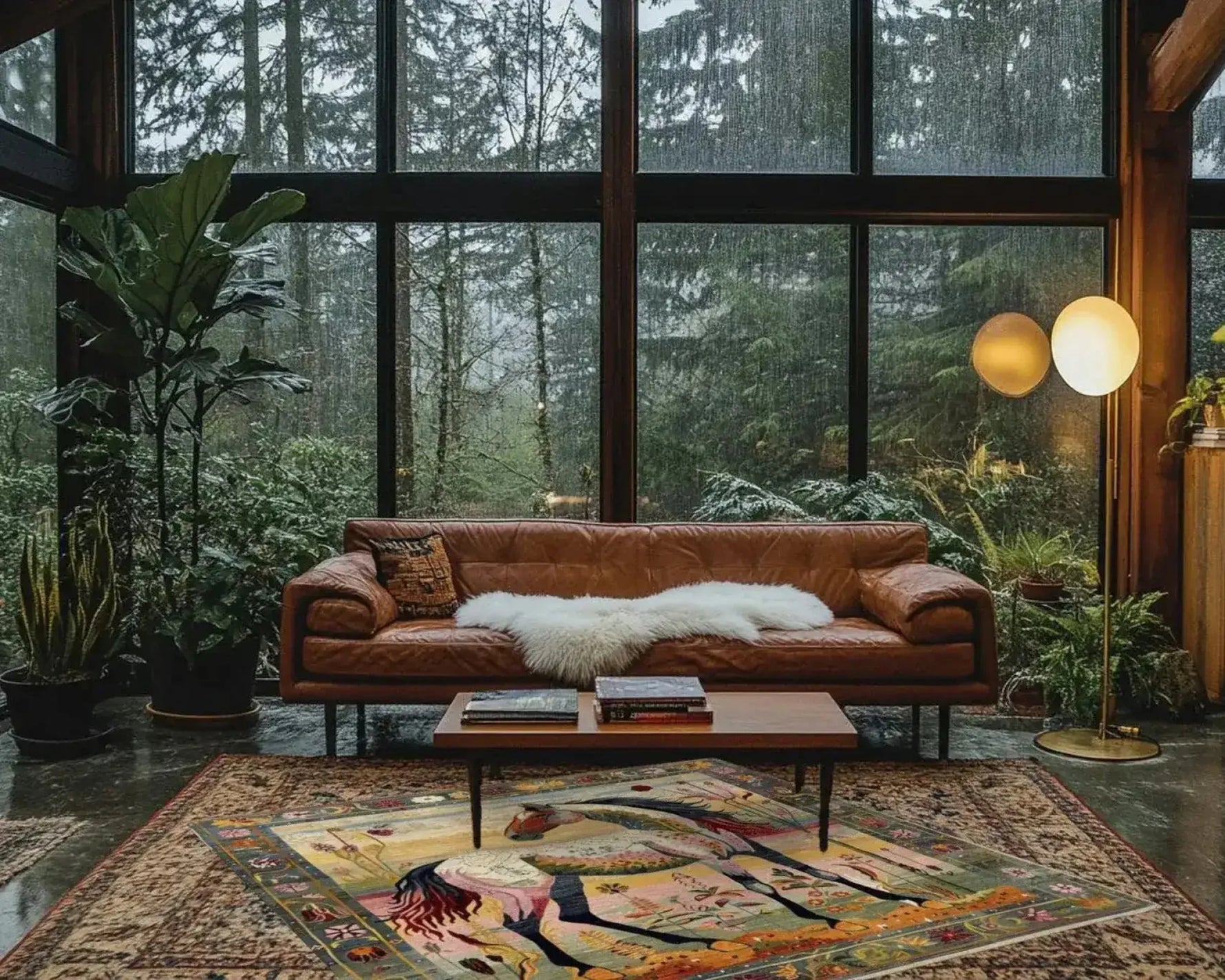 Bright Meadow Steed Hand Knotted Area Rug in a cozy living room setting. The large wool rug with a Persian-inspired design adds a touch of elegance, perfect for a spacious living room. Surrounded by lush indoor plants and a leather sofa, this square area rug enhances the warmth and style of the space.