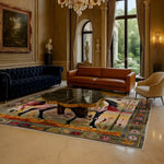 A luxurious living room featuring a hand-knotted area rug with an intricate design, perfect for large spaces. The rug showcases vibrant colors and a unique pattern, ideal for adding a touch of elegance to your living room. This square Persian wool rug complements the sophisticated decor with its abstract equine motif, blending seamlessly with the classic furniture and opulent surroundings.