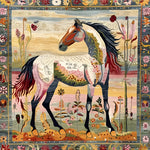 The Bright Meadow Steed Hand Knotted Area Rug features a vibrant design with a majestic horse set against a backdrop of abstract floral patterns. This square rug is perfect for adding a touch of elegance to your living room. Crafted from wool, this large area rug combines elements of Persian rugs with a modern twist, making it an ideal choice for those seeking unique rugs for their living room.