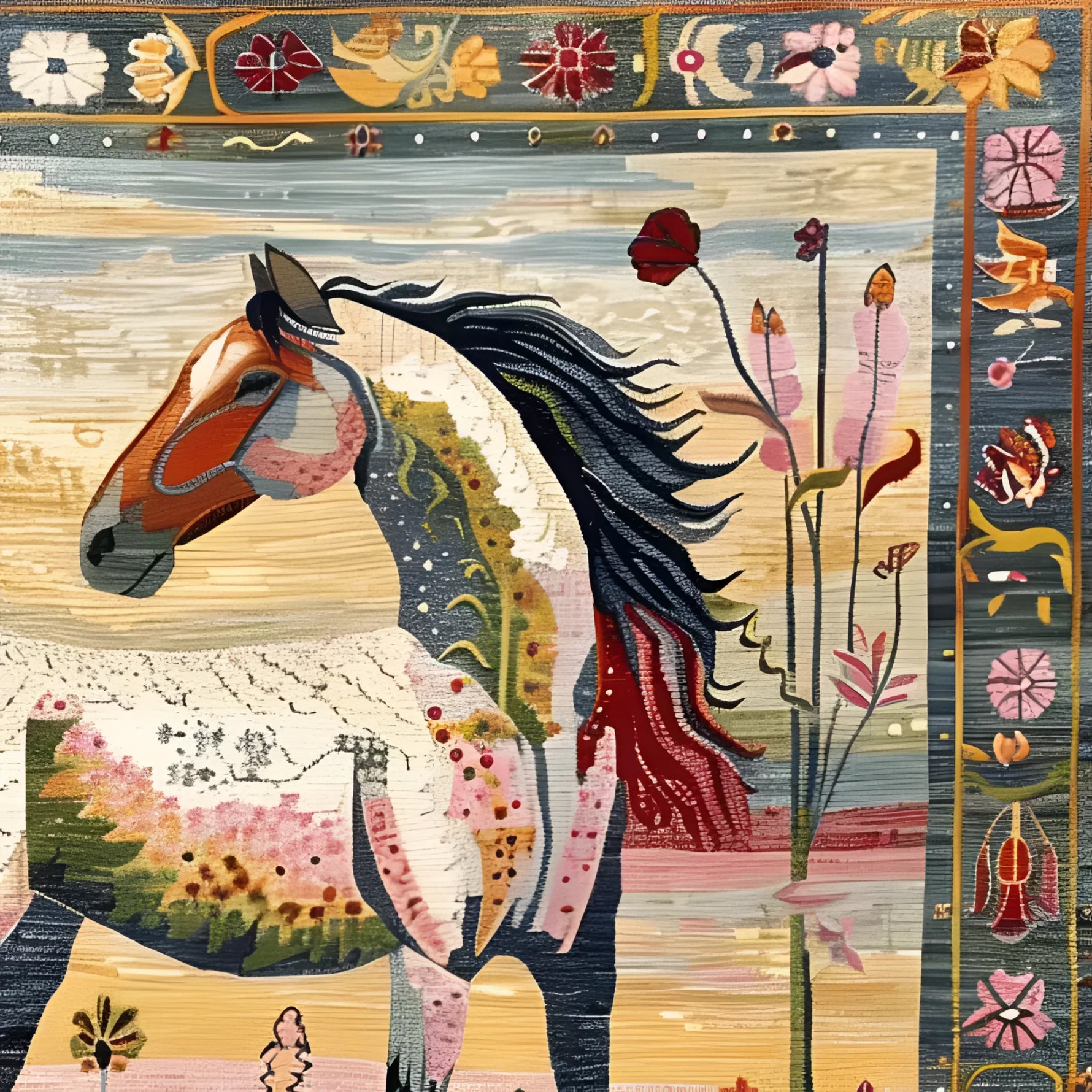 Bright Meadow Steed Hand Knotted Area Rug featuring a vibrant horse design with floral accents, perfect for adding a touch of elegance to your living room. This square wool rug combines the classic charm of Persian rugs with a modern twist, making it an ideal large area rug for any spacious living room.