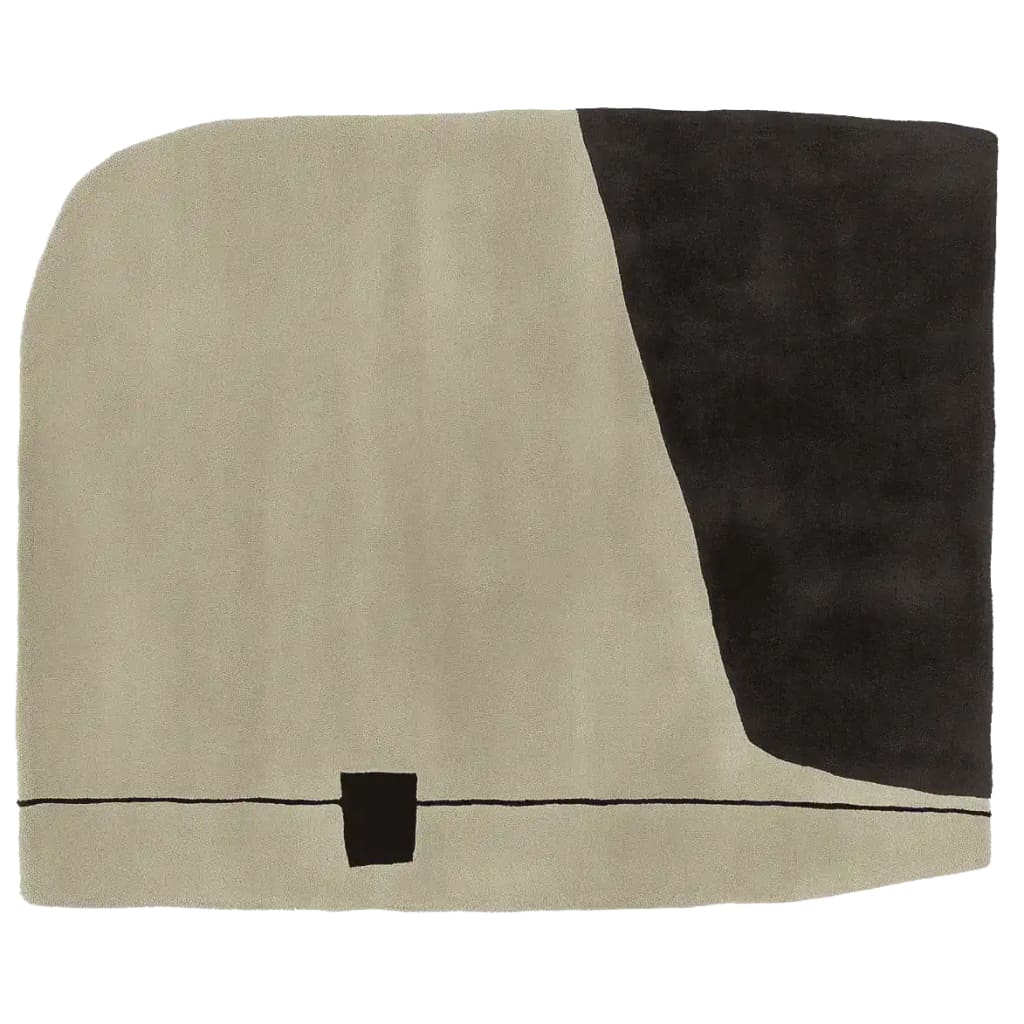A contemporary hand-tufted wool rug with a minimalist design, featuring a large sand-colored field contrasted by a bold black geometric shape. Ideal for adding a modern touch to living room area rugs, this piece stands out with its unique brutalist style, perfect for those seeking distinctive area rugs for living room spaces.