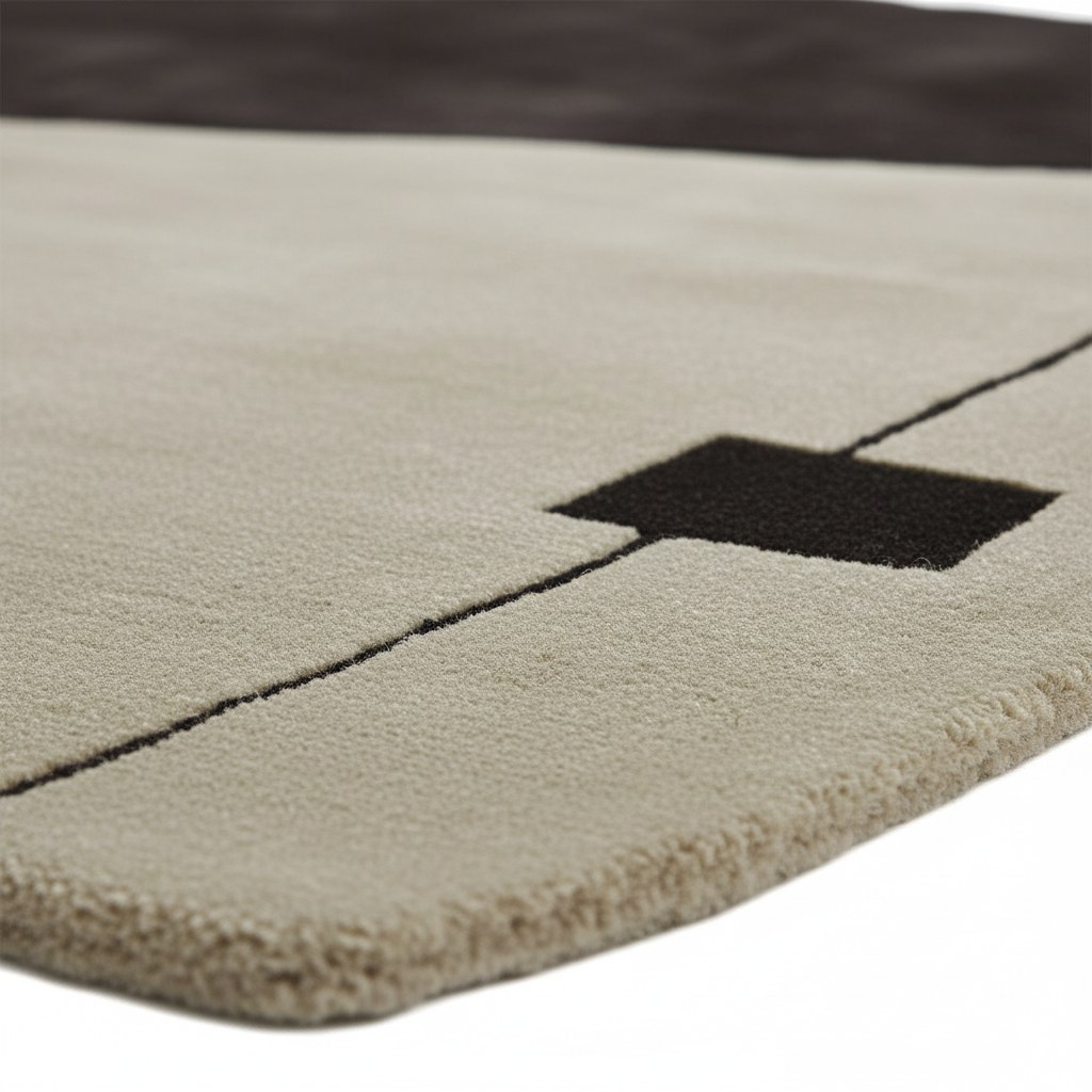 Close-up of a textured rug with a black square and stitching detail.