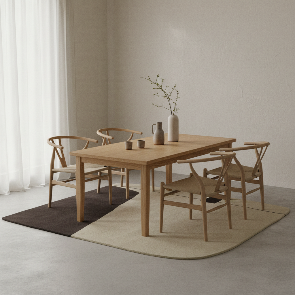 Dining area with rug, wooden table and chairs in a minimalistic room.