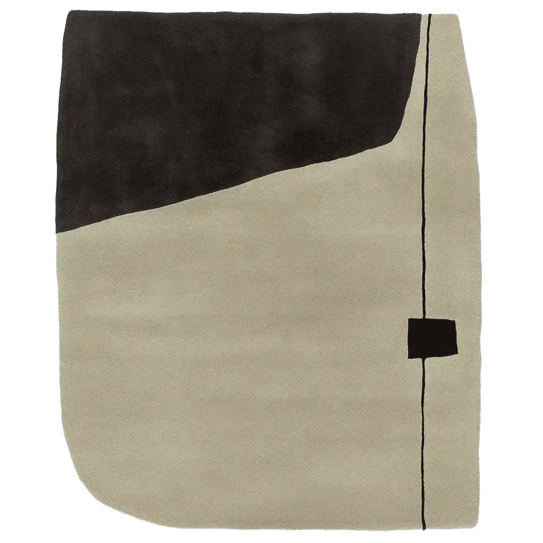 A contemporary area rug featuring a minimalist design with contrasting black and sand tones. The wool rug showcases a unique abstract pattern, making it an ideal choice for modern living room area rugs.