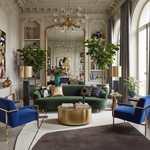 Luxurious living room with green sofa, blue armchairs, an abstract wool rug, and gold coffee table.