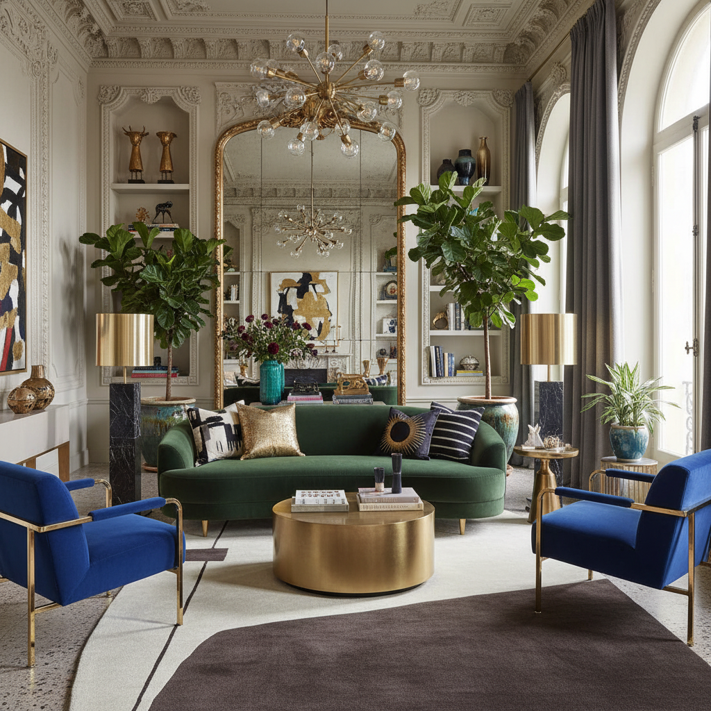 Luxurious living room with green sofa, blue armchairs, an abstract wool rug, and gold coffee table.