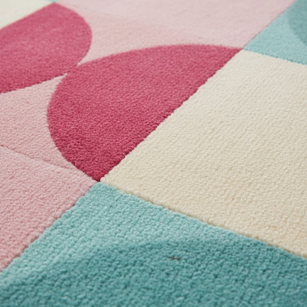 Close-up of a colorful geometric-patterned rug with pink, blue, and beige sections.
