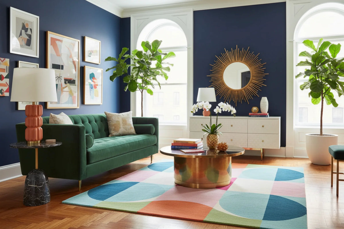 Modern living room with a green sofa, colorful contemporary geometric rug, and decorative elements.