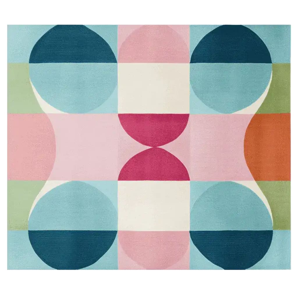 This vibrant area rug, perfect for contemporary living rooms, features a hand-tufted design with colorful geometric patterns. The Bubbly Pop Mood rug, measuring 8x10, is crafted from high-quality wool, making it both stylish and durable for any modern home.