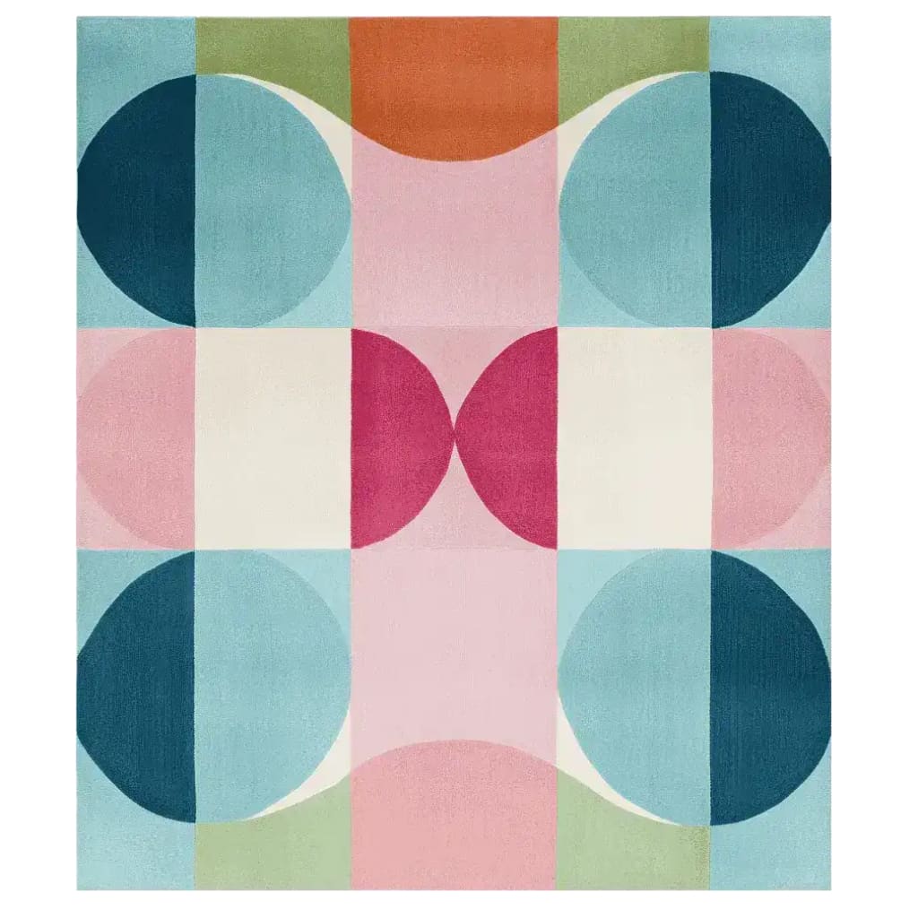 Vibrant and colorful area rug featuring an abstract geometric pattern with circles and rectangles in shades of blue, pink, green, and orange. Perfect for adding a contemporary touch to your living room, this hand-tufted wool rug is designed for modern interiors. Ideal for living room rugs 8x10, this piece blends style and comfort effortlessly.