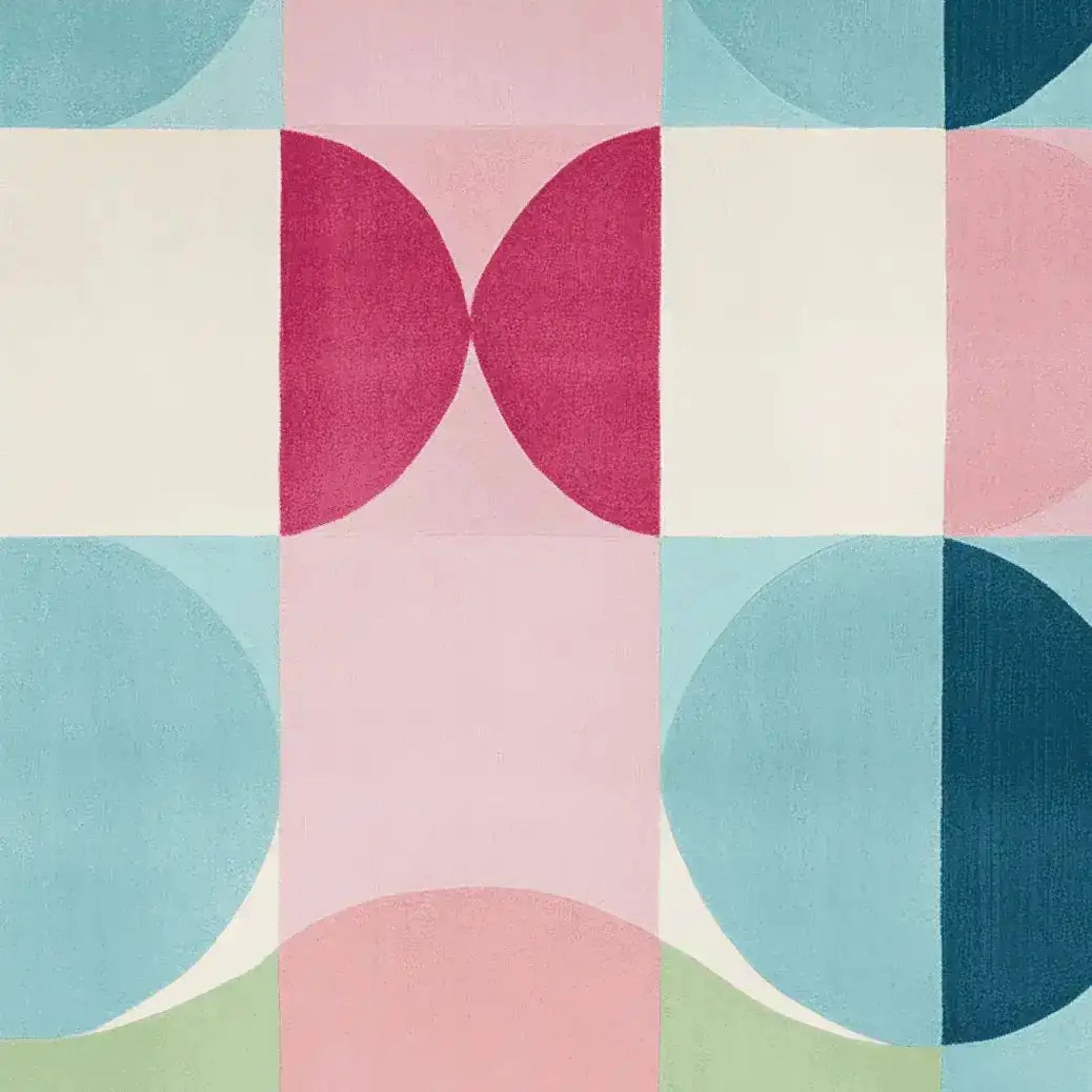 A vibrant hand-tufted area rug featuring a contemporary geometric design with overlapping circles and squares in shades of pink, blue, and green. Perfect for adding a pop of color to living room rugs 8x10, this wool rug combines modern style with comfort.