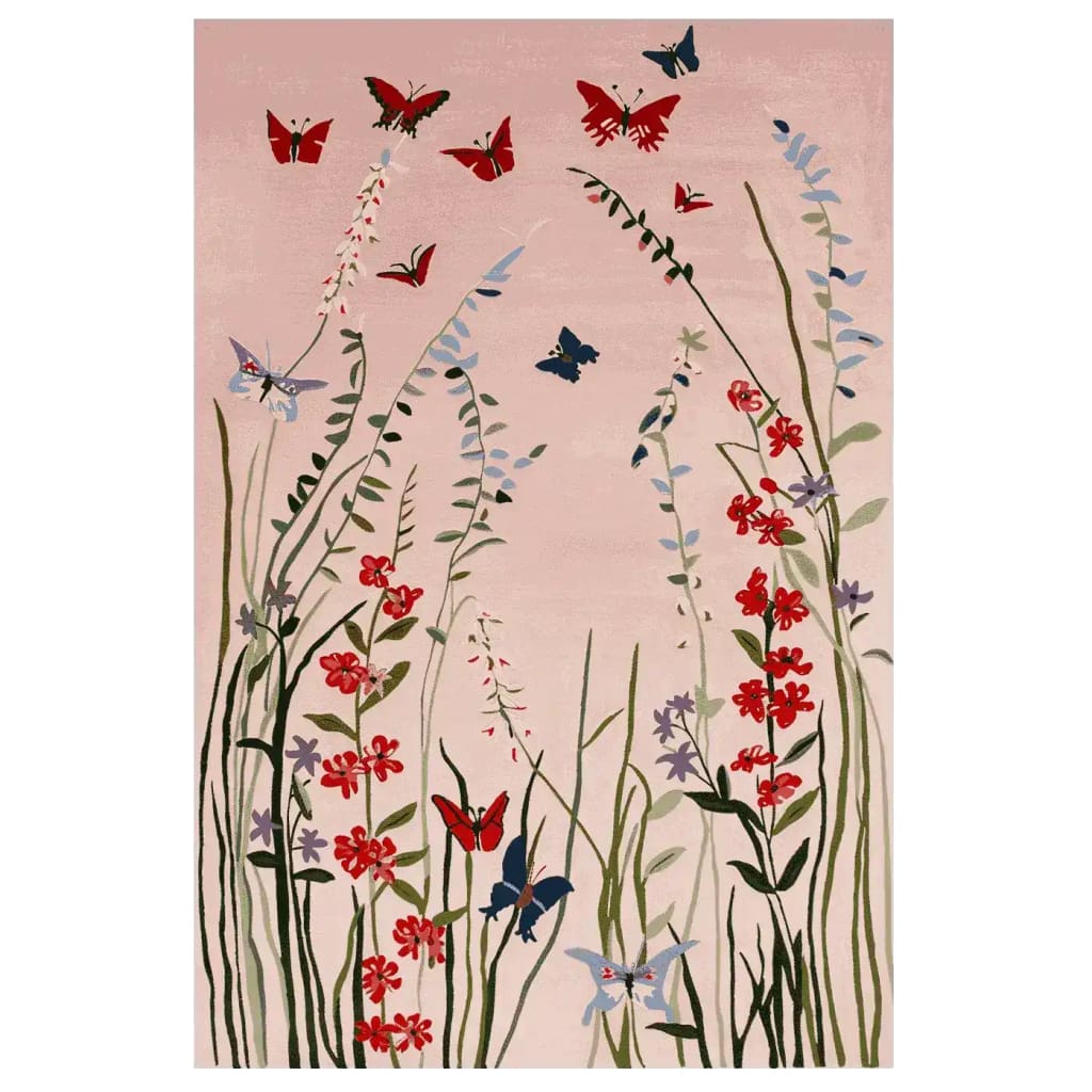 A beautifully hand-tufted area rug featuring vibrant butterflies fluttering above a lush meadow of red and purple flowers. The soft pastel background enhances the intricate wool design, making it a perfect choice for area rugs for living room spaces. This 8x10 living room rug brings a touch of nature and elegance into your home.