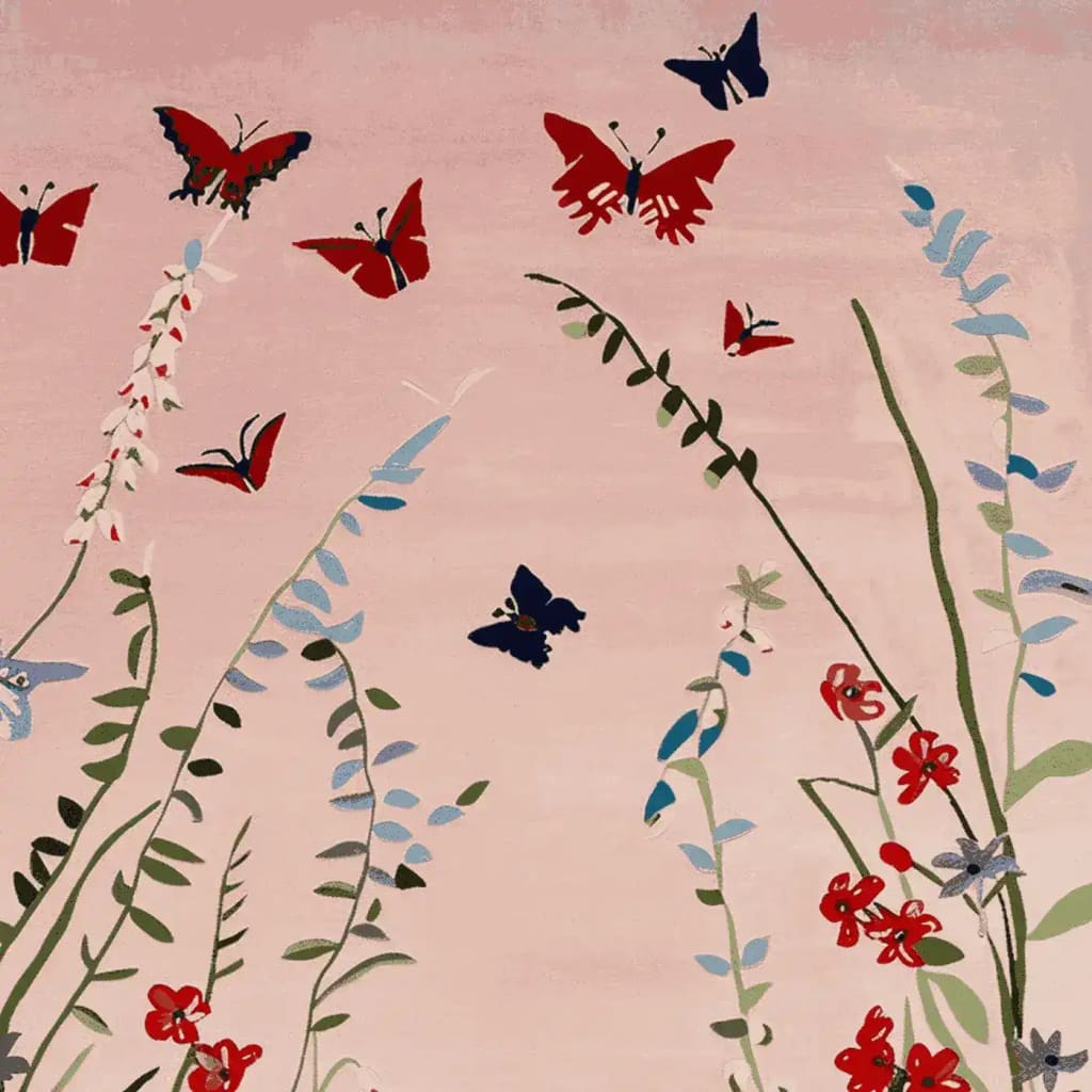 A beautiful hand-tufted area rug featuring a serene meadow scene with vibrant butterflies and delicate floral patterns. Perfect for adding a touch of nature to your living room, this 8x10 wool rug combines elegance and durability.