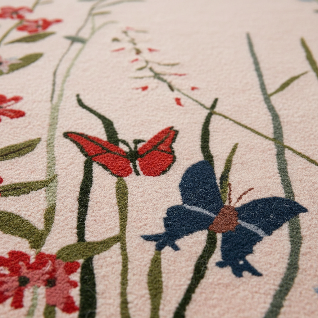 Close-up of a rug with tufted butterflies and flowers on a beige background