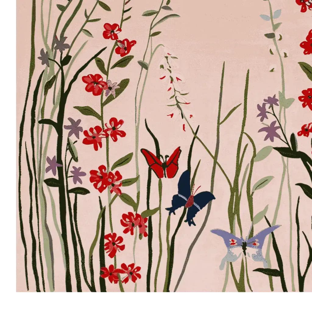 Vibrant hand tufted area rug featuring a lively meadow scene with colorful butterflies and blooming flowers, perfect for adding a touch of nature to your living room. Ideal for those seeking an 8x10 wool rug that brings a fresh, organic feel to your space.