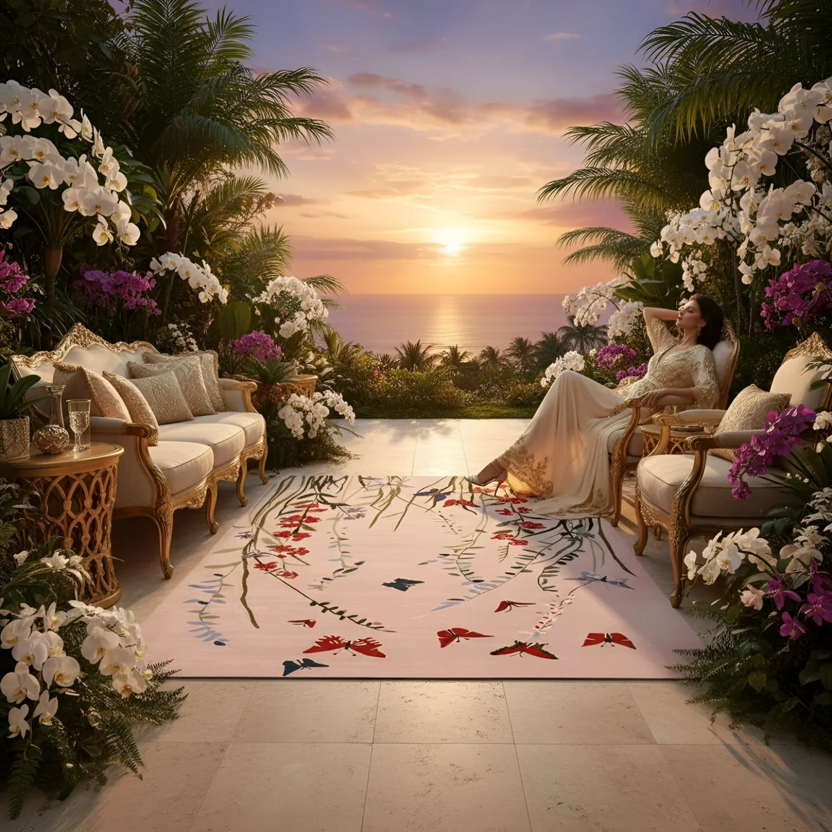 Woman relaxing on a lounge chair in a luxurious outdoor setting with a handmade floral pink rug, flowers and sunset.