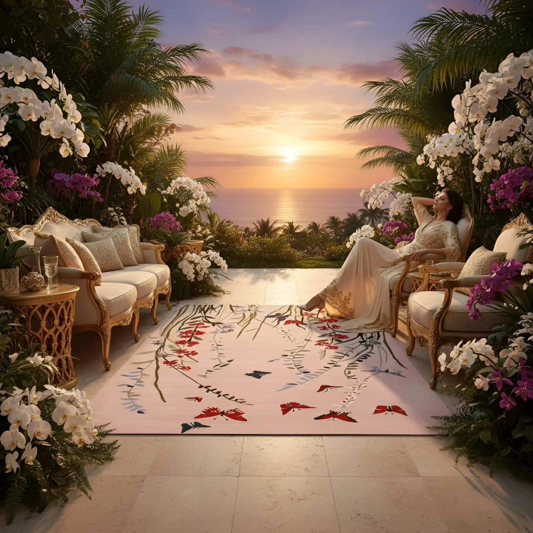 Woman relaxing on a lounge chair in a luxurious outdoor setting with a handmade floral pink rug, flowers and sunset.